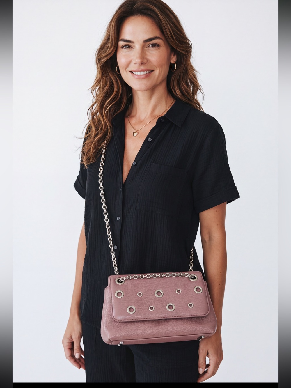 Celine Dion Falsetto Mauve Eyelet-Detail Crossbody Leather Bag with Chain Strap